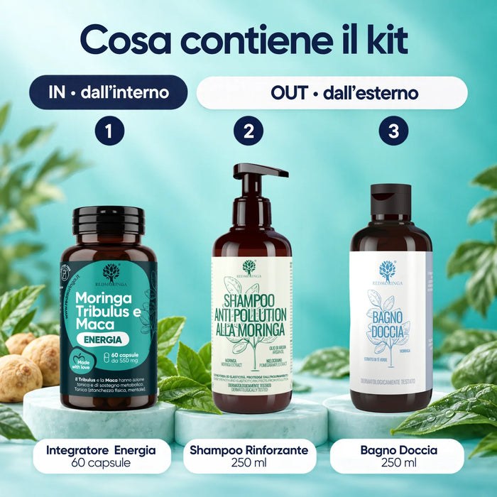 Wat zit er in de In&Out kit RedMoringa: supplement Energie 60 capsules, versterkende shampoo 250 ml en douchegel 250 ml
