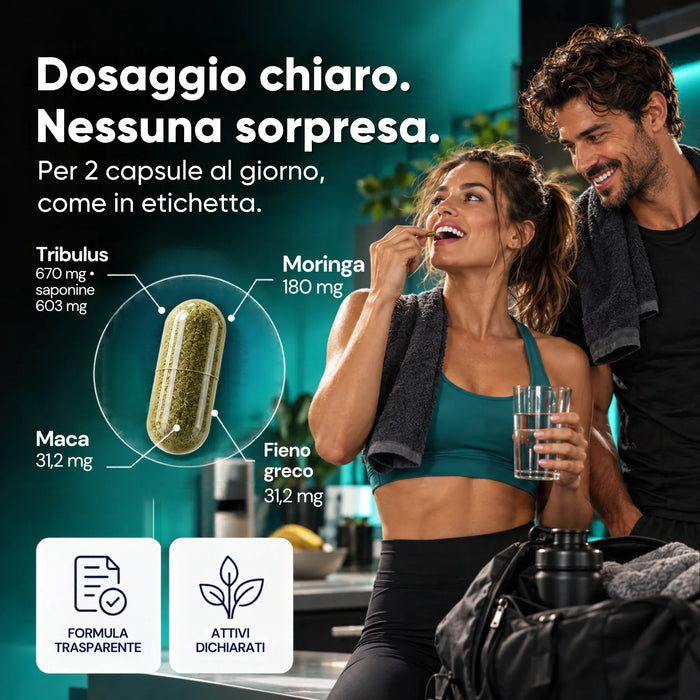 Dosering per 2 capsules Moringa Tribulus en Maca: tribulus 670 mg, moringa 180 mg, maca en fenegriek; vrouw met de capsule