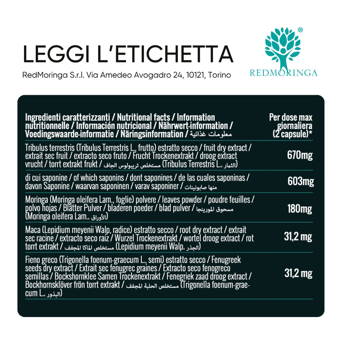 Etiket Moringa Tribulus en Maca RedMoringa: tribulus 670 mg met 603 mg saponinen, moringa 180 mg, maca en fenegriek