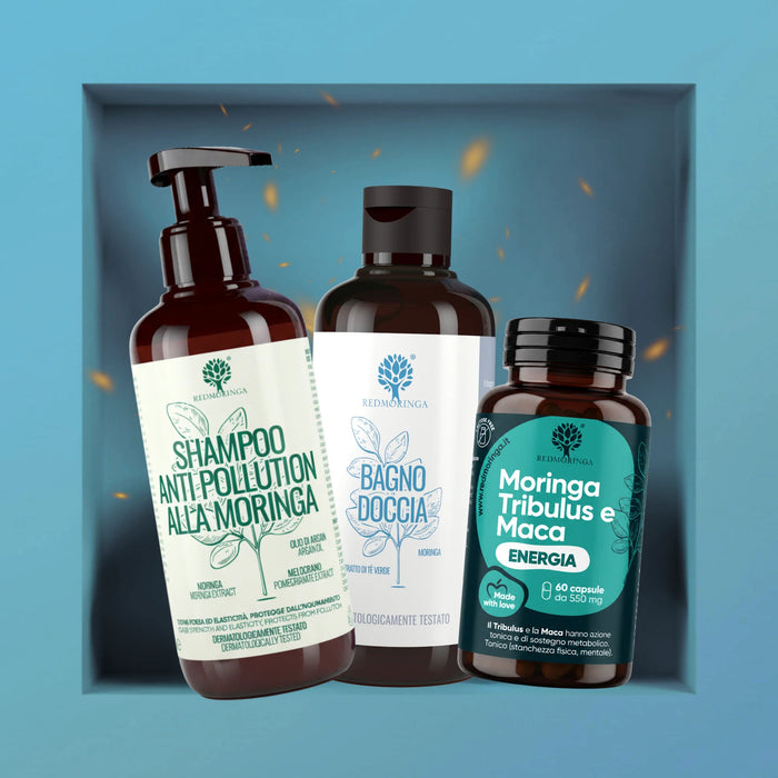 Behandeling Sportschool In&Out RedMoringa: anti-pollution shampoo, douchegel, capsules Moringa Tribulus en Maca, voor mannen