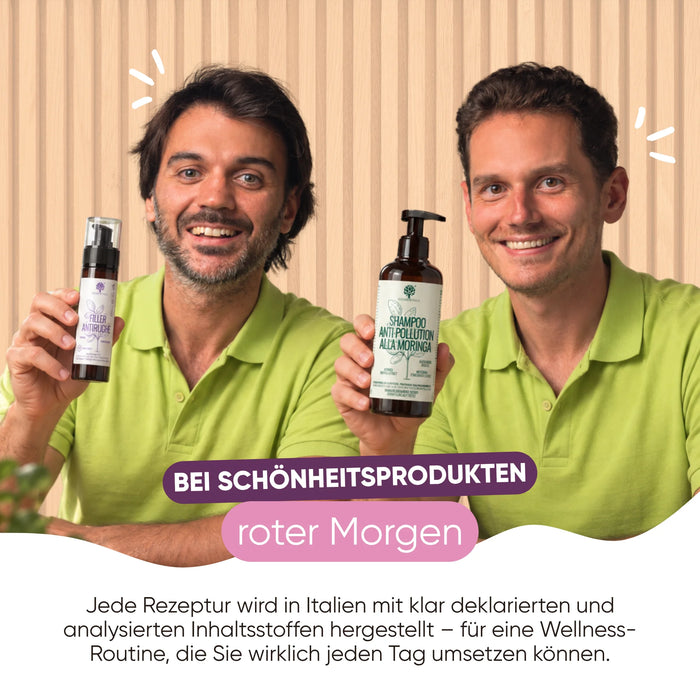 Het RedMoringa-team met het Anti-Rimpel Filler-serum en de Moringa-shampoo: cosmetica gemaakt in Italië en geanalyseerd