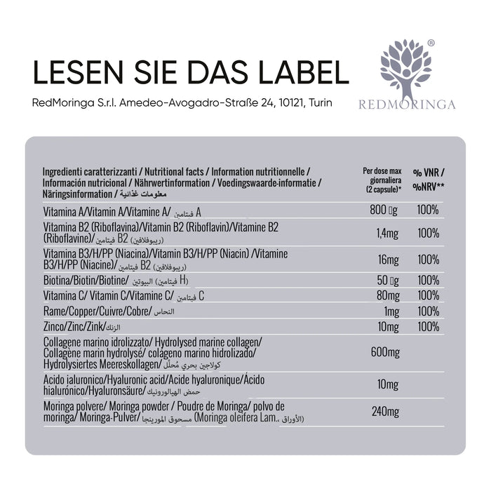 Etiket van het supplement Moringa Collageen: marien collageen 600 mg, hyaluronzuur, vitamines, zink en koper per 2 capsules