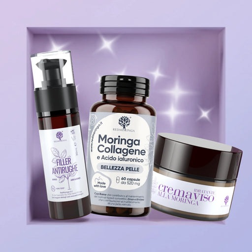 Anti-rimpel gezichtsbehandeling IN & OUT RedMoringa: filler-serum, capsules Moringa Collageen en Moringa-gezichtscrème